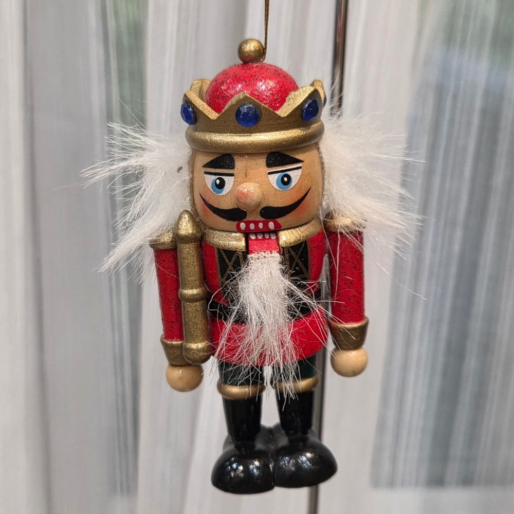 Vintage Wooden Nutcracker King Christmas Ornament Red Gold Jeweled Crown 4 Inch